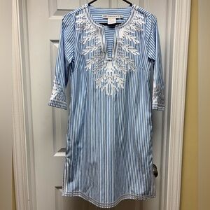 Gretchen Scott Blue & White Striped Embroidered Shift Dress | XS